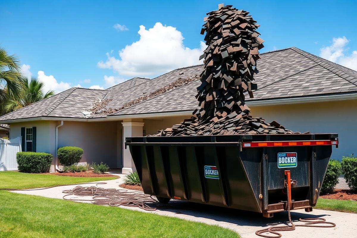Roof tear-off debris being loaded into a roll-off dumpster at a Florida home